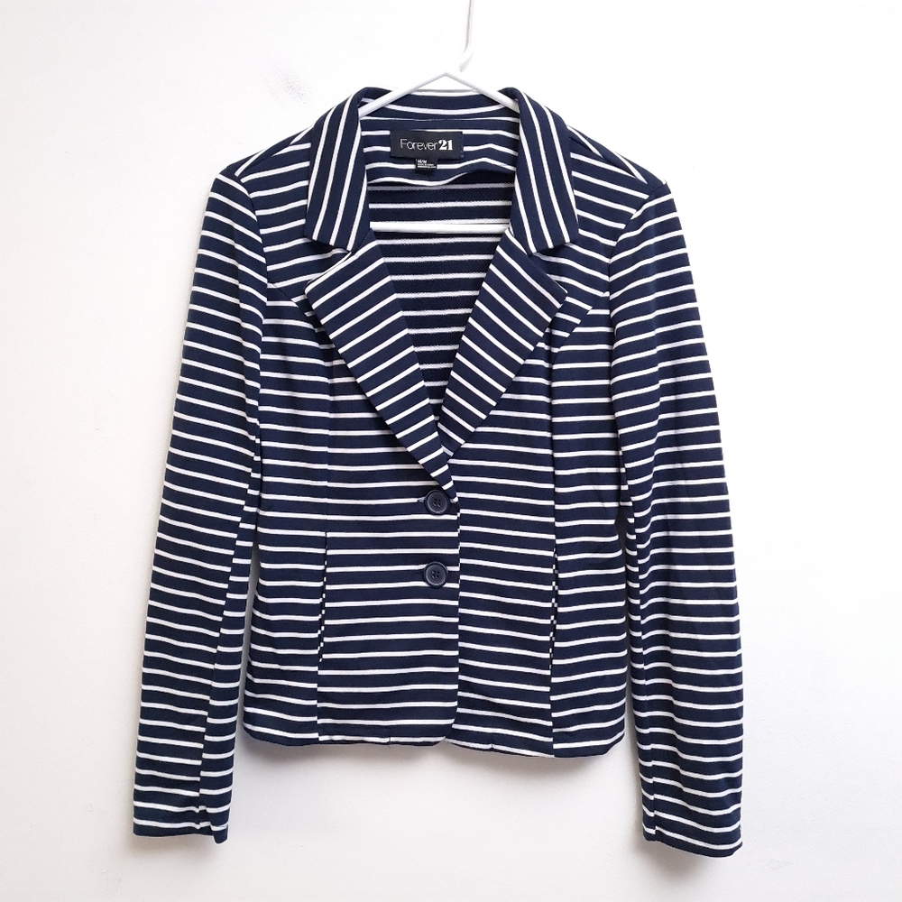 Forever 21 Navy White Stripes Blazer Jacket Women's Size M